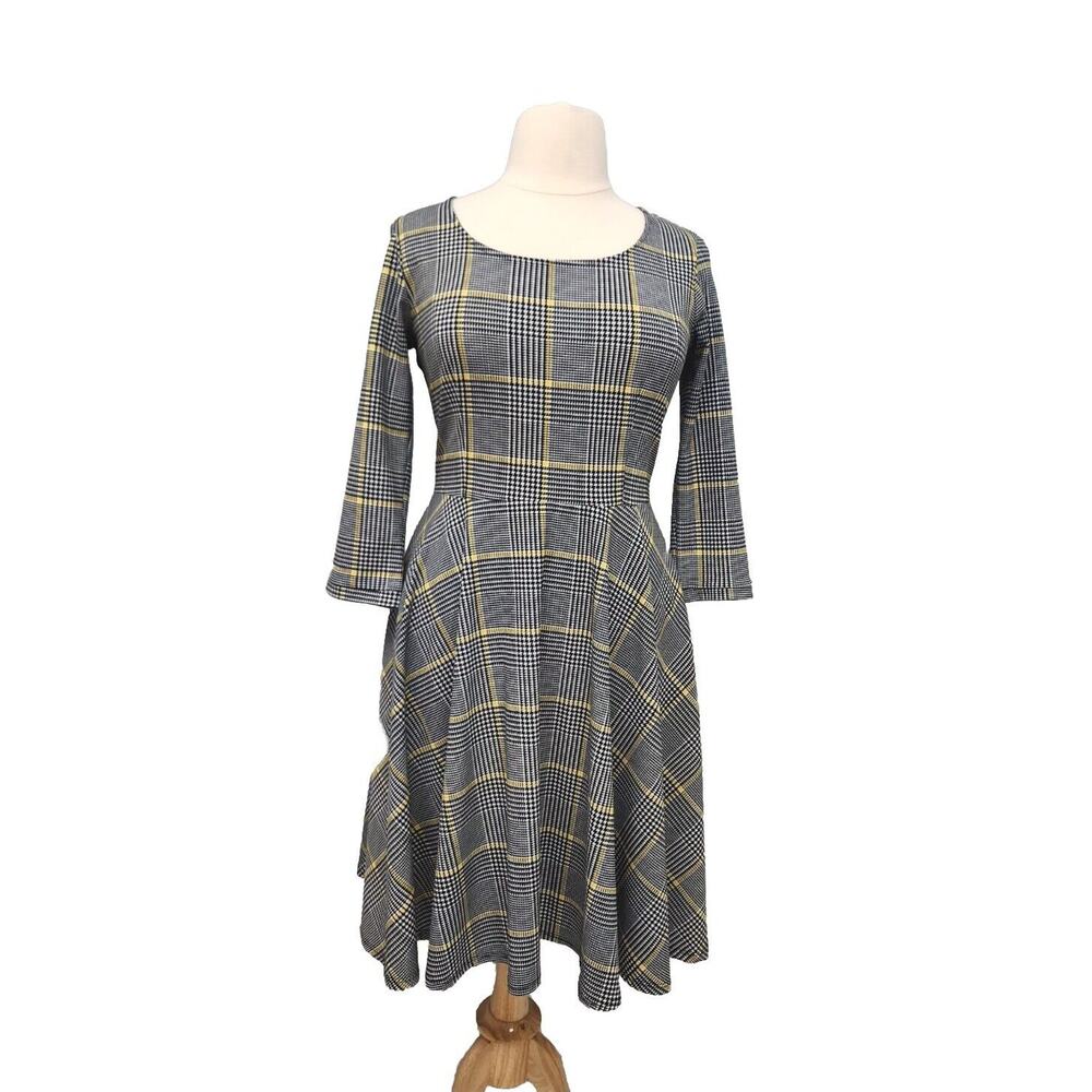 MELISSA MASSE Dress Black White Yellow Houndstooth Plaid Stretch Large